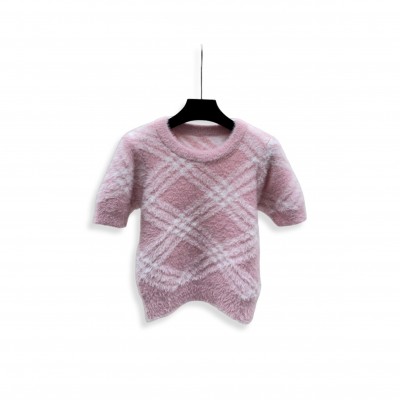 BURBERRY DIAMOND-PATTERNED ROUND NECK KNIT SHORT-SLEEVED TOP 